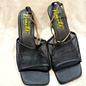 Nanette Lepore Winsky Black Mesh Sandals Gold Chain Black Open-Toe Sz:9